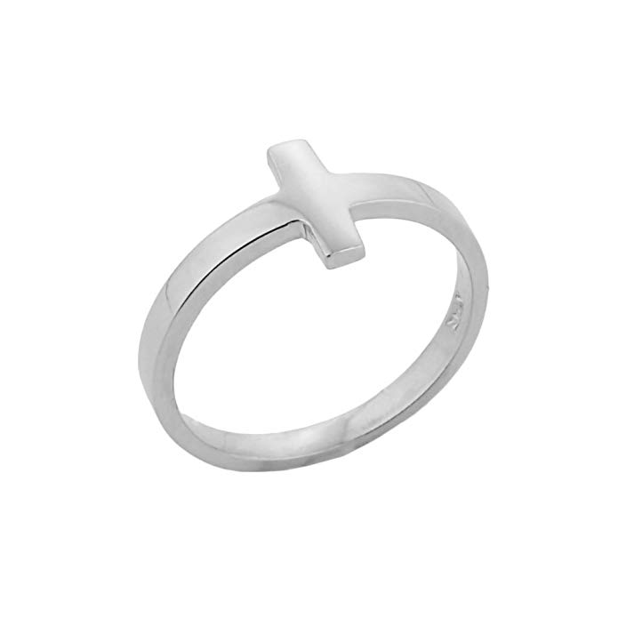 Dainty 14k White Gold Mid Finger Band Sideways Cross Knuckle Ring