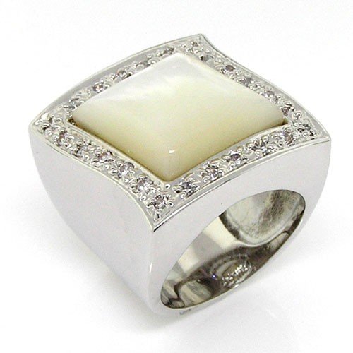 Shimmery Lozenge - Large Cocktail Ring with White Mother of Pearl & White CZs .925 Sterling Silver