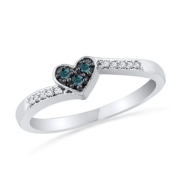 10KT White Gold Round Diamond Blue and White Heart Ring (0.08 cttw)
