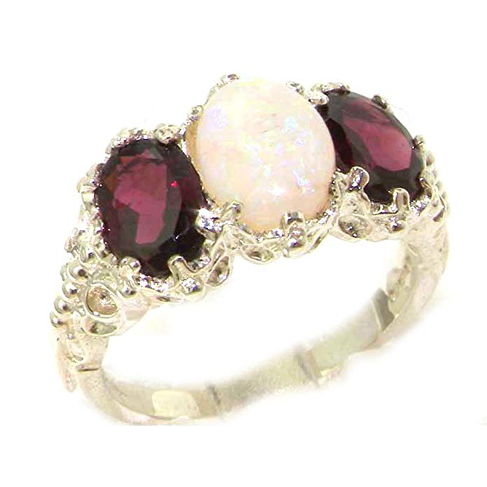 925 Sterling Silver Real Genuine Opal and Garnet Womens Band Ring