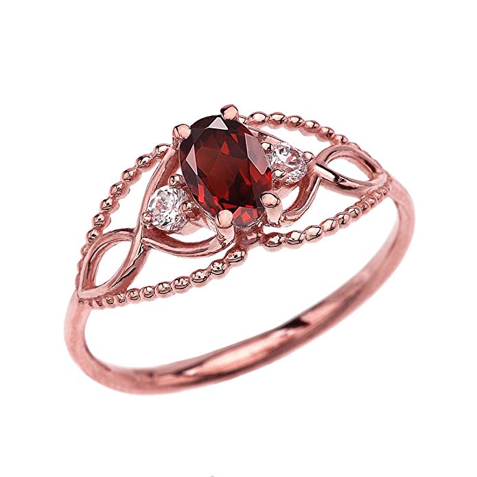 Dainty and Elegant Gold Rings 10k Rose Gold Elegant Beaded Solitaire Ring With Solitaire Garnet and White Topaz