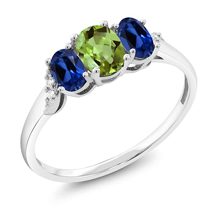 10K White Gold 1.33 Ct Green Peridot Blue Simulated Sapphire 3-Stone Ring With Accent Diamond (Available 5,6,7,8,9)