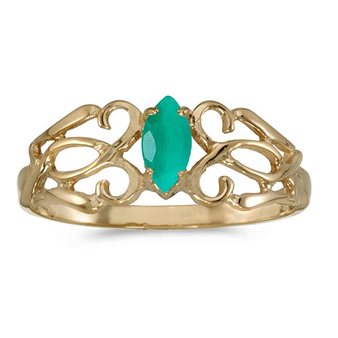 14k Yellow Gold Marquise Emerald Filagree Ring