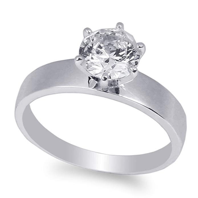 JamesJenny Ladies 10K White Gold 0.8ct Round CZ Solid Solitaire Ring Size 4-10