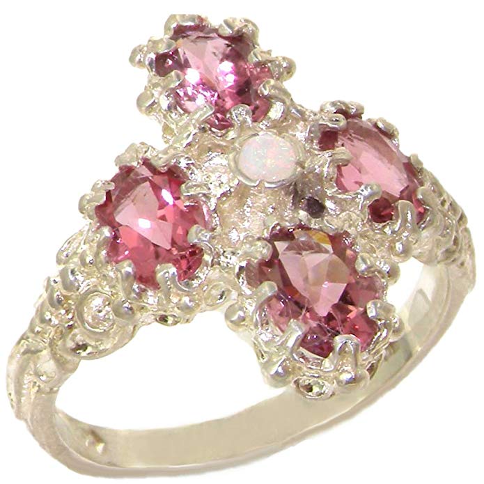 925 Sterling Silver Real Genuine Opal and Pink Tourmaline Womens Band Ring