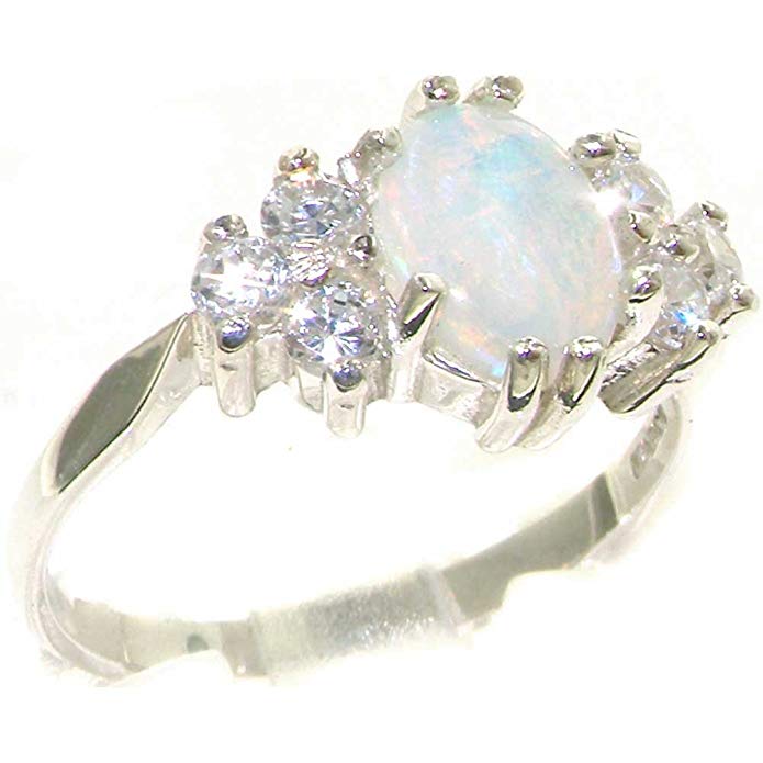 925 Sterling Silver Cubic Zirconia and Real Genuine Opal Womens Band Ring