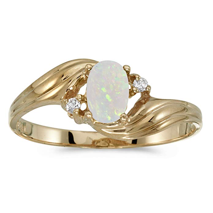 0.19 Carat (ctw) 10k Gold Oval White Opal and Diamond Bypass Swirl Cocktail Anniversary Fashion Ring (6 x 4 MM)