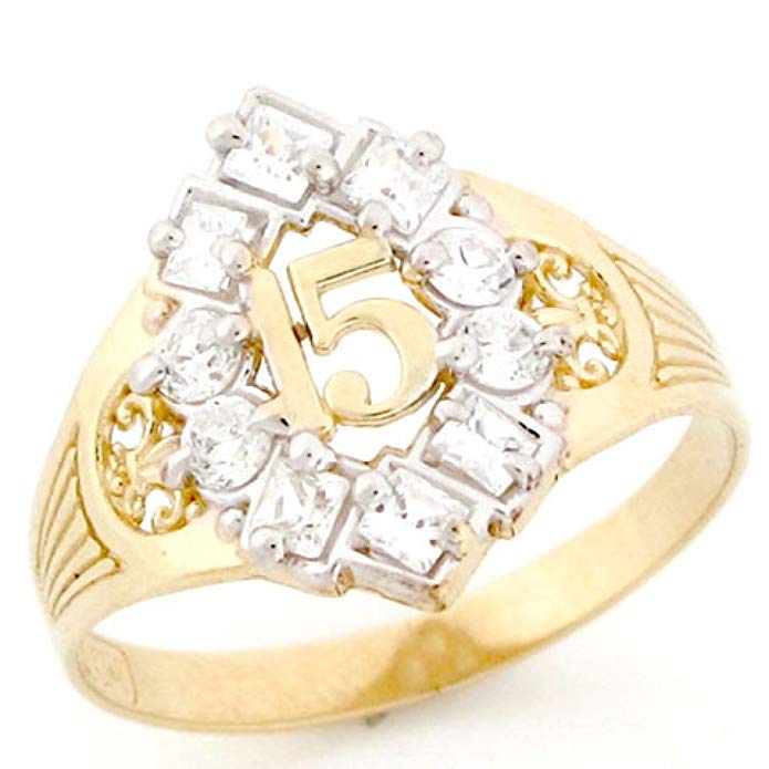 14k Yellow Gold Simulated Birthstone CZ Stylish Quinceanera 15 Anos Ring