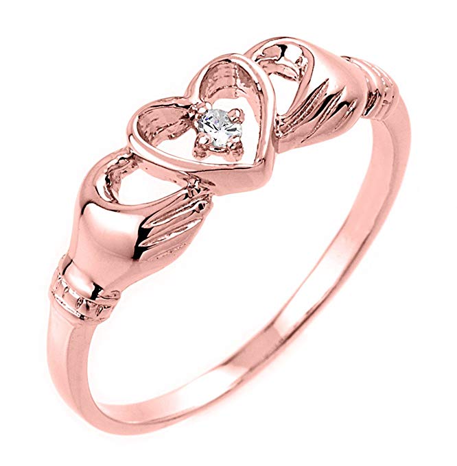 High Polish 10k Rose Gold Diamond Solitaire Claddagh Ring