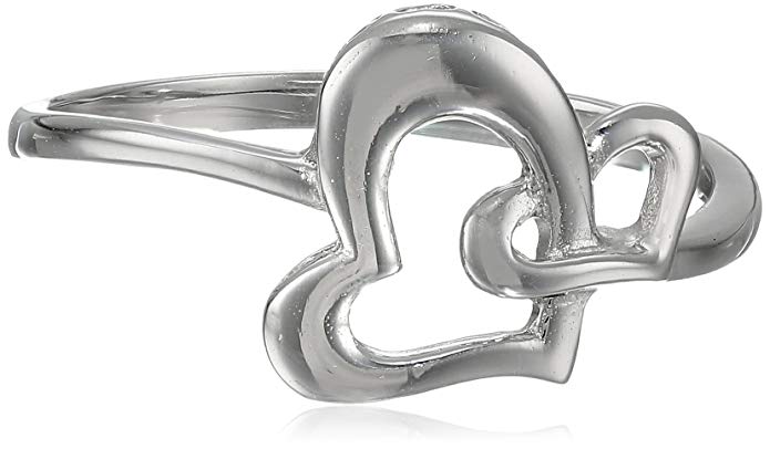 14k White Gold Double Heart Ladies Ring, Size 7