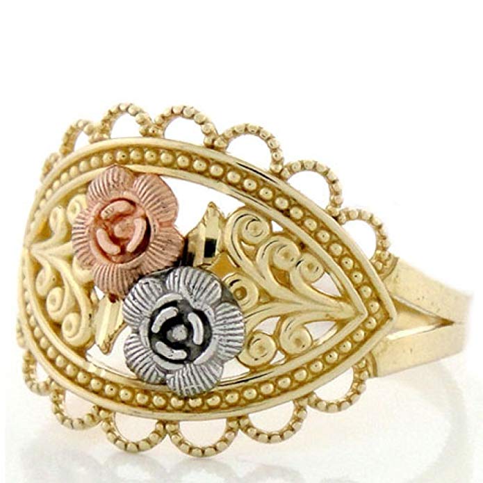 10k Solid Gold Tri-color Flower Rose Filigree Ring