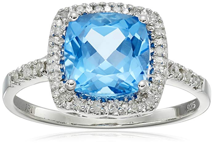 Sterling Silver Swiss Blue Topaz and Diamond Cushion Halo Ring (0.14 cttw, I-J Color, I2-I3 Clarity), Size 7