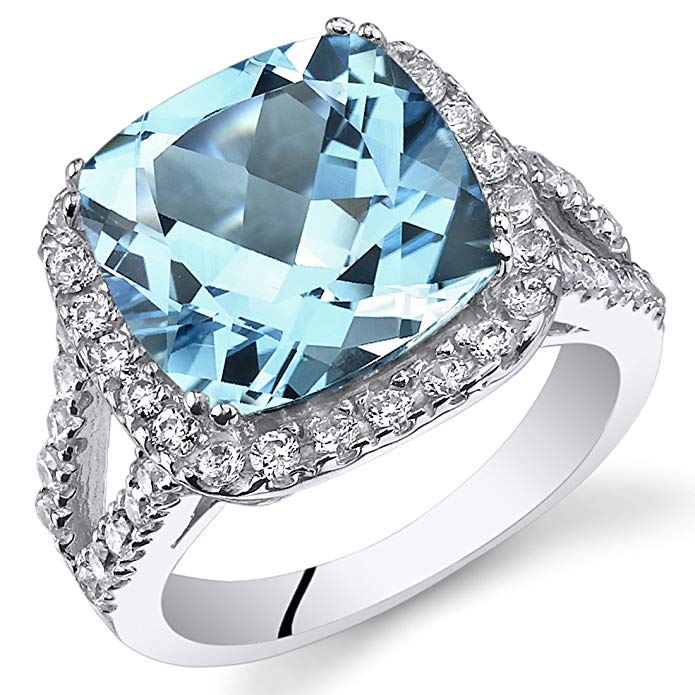 6.25 Carats Cushion Cut Swiss Blue Topaz Ring Sterling Silver Sizes 5 to 9