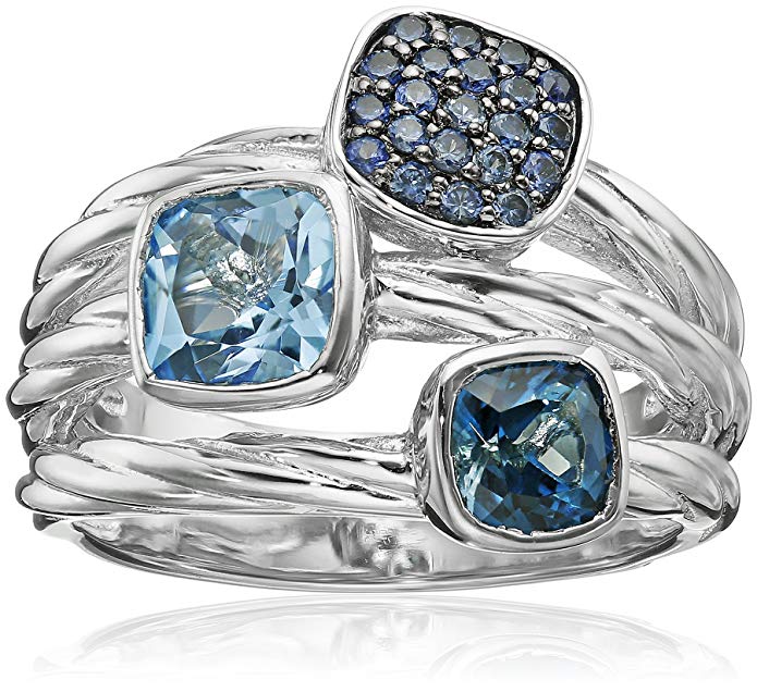 S&G Sterling Silver, 14k Yellow Gold Multi-Blue Topaz and Light Sapphire Ring, Size 7