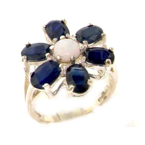 925 Sterling Silver Natural Opal and Sapphire Womens Cluster Ring - Sizes 4 to 12 Available