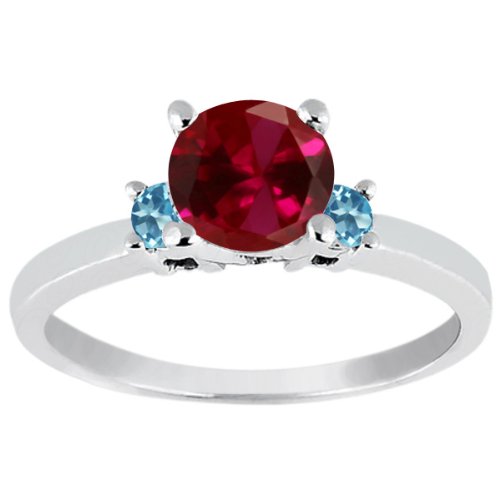 1.16 Ct Round Red Created Ruby and Swiss Blue Simulated Topaz 925 Silver Ring