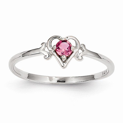 Solid 14k White Gold Genuine October Simulated Birthstone Love Heart Ring (1 to 7mm)