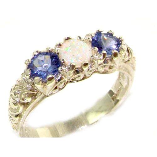 925 Sterling Silver Real Genuine Opal and Tanzanite Womens Band Ring