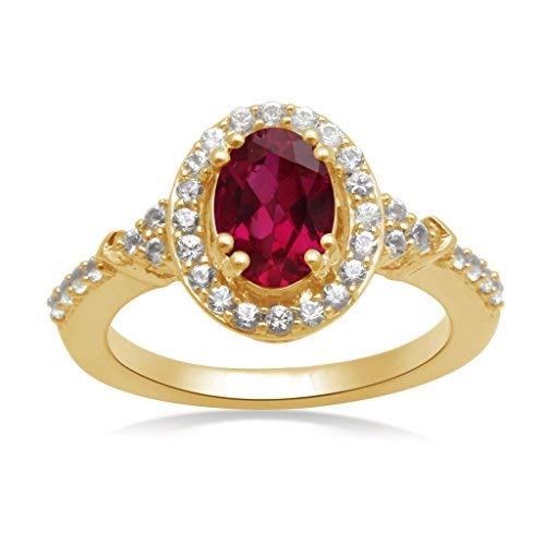 Jewelili 10KT Yellow Gold Created Ruby and Created White Sapphire Ring, Size 7