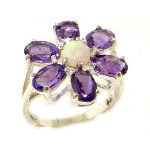 925 Sterling Silver Natural Opal and Amethyst Womens Cluster Ring - Sizes 4 to 12 Available