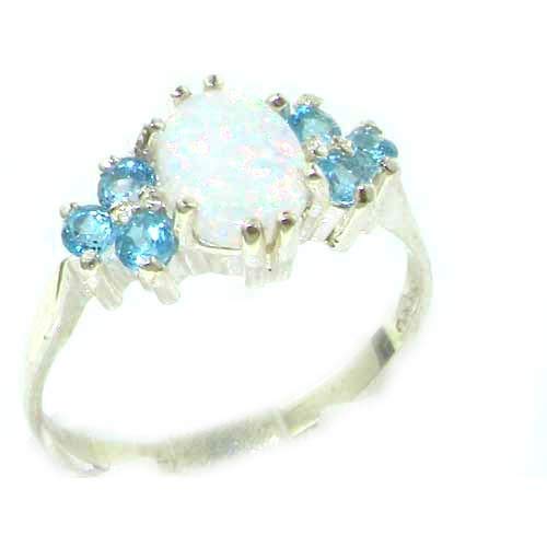 925 Sterling Silver Real Genuine Opal and Blue Topaz Womens Band Ring