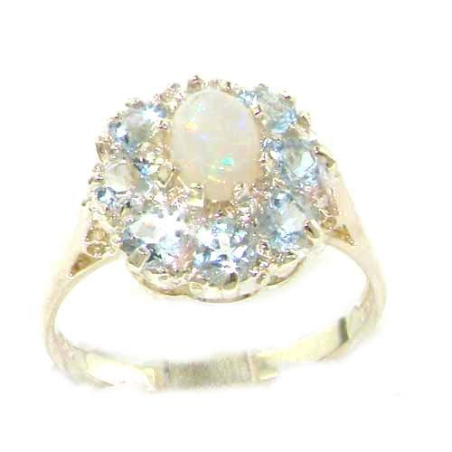 925 Sterling Silver Real Genuine Opal and Aquamarine Womens Band Ring