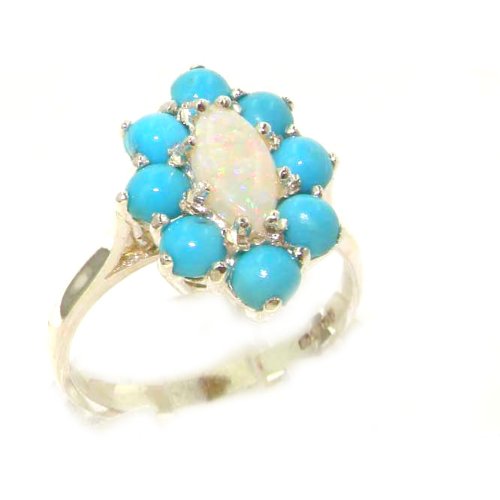 925 Sterling Silver Real Genuine Opal and Turquoise Womens Band Ring