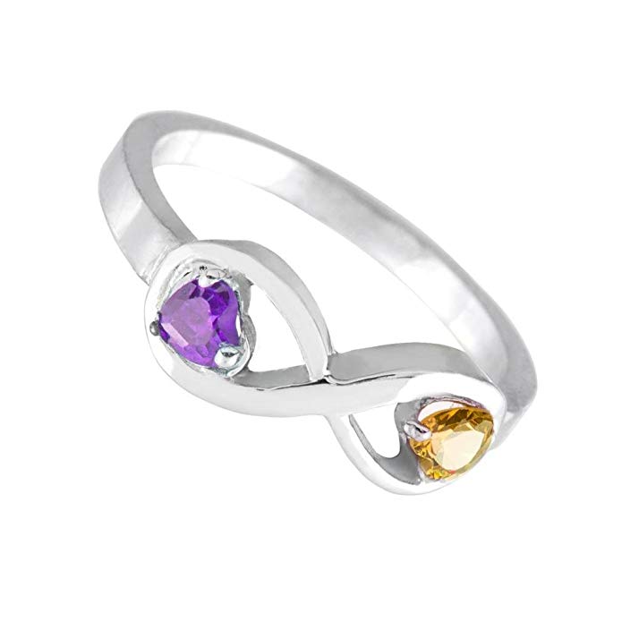 Fine 10k White Gold Mother's Mix-and-Match Dual CZ Heart Birthstone Infinity Ring