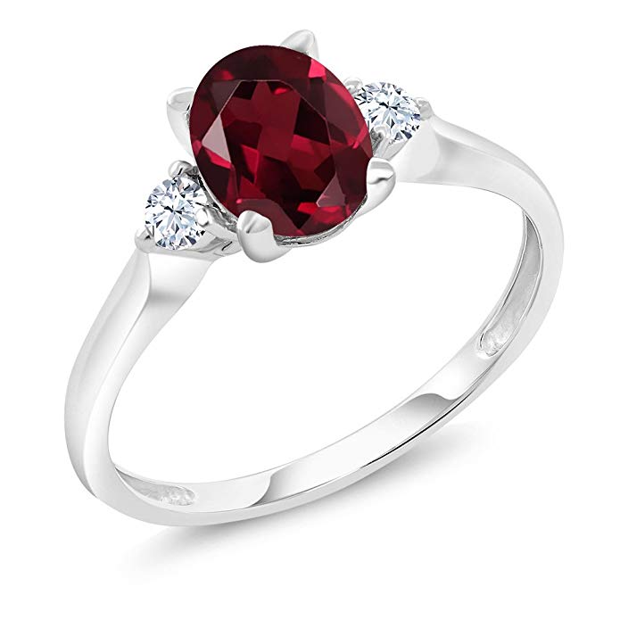 10K White Gold 1.45 Ct Red Rhodolite Garnet White Created Sapphire 3-Stone Ring (Available 5,6,7,8,9)