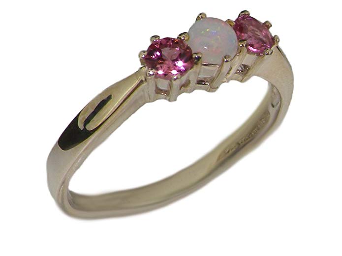 925 Sterling Silver Real Genuine Opal and Pink Tourmaline Womens Trilogy Anniversary Ring