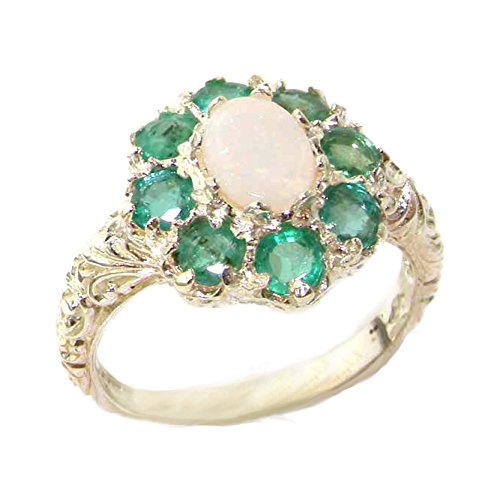 925 Sterling Silver Natural Opal and Emerald Womens Cluster Ring - Sizes 4 to 12 Available