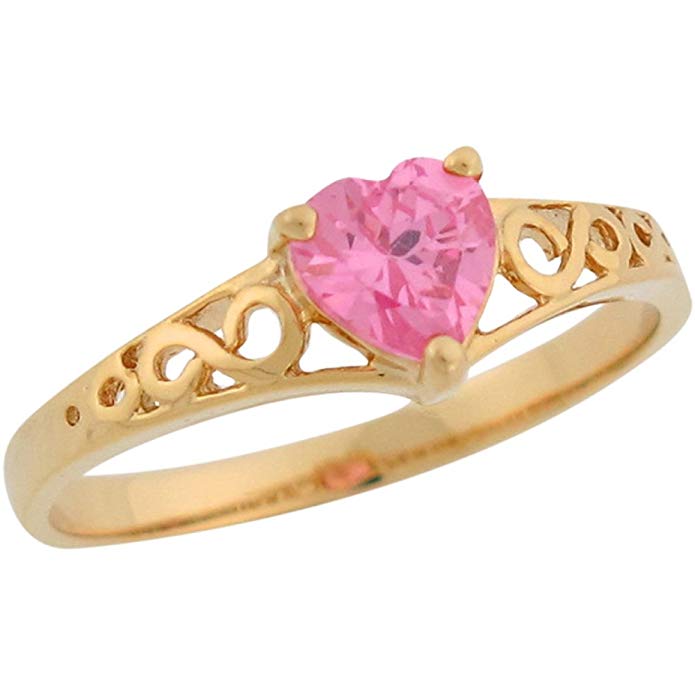 14k Yellow Gold Heart Shape Pink CZ Simulated October Birthstone Filigree Ring