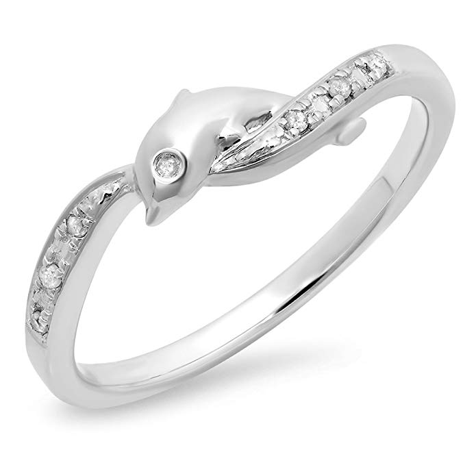 0.04 Carat (ctw) 10K White Gold Round Cut White Diamond Ladies Right Hand Dolphin Ring