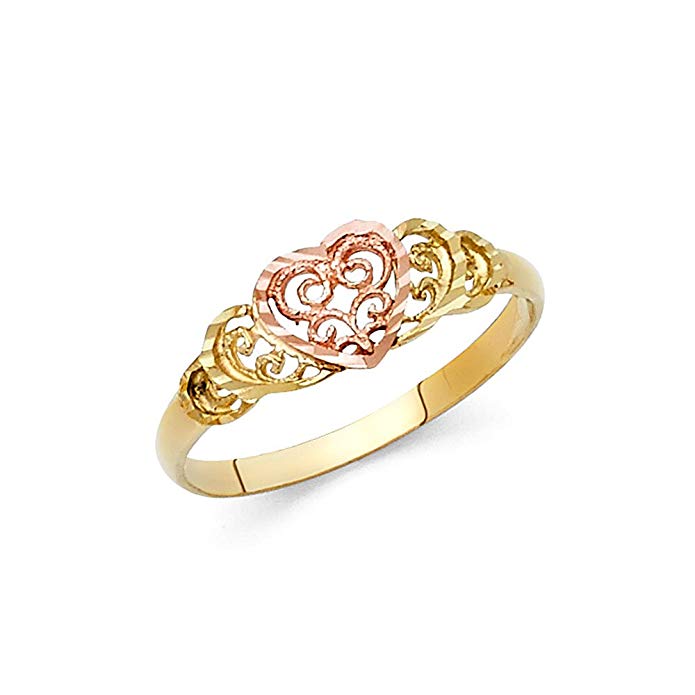 Heart Ring 14k Yellow Rose Gold Love Band Filigree Style Diamond Cut Polished Two Tone 7MM