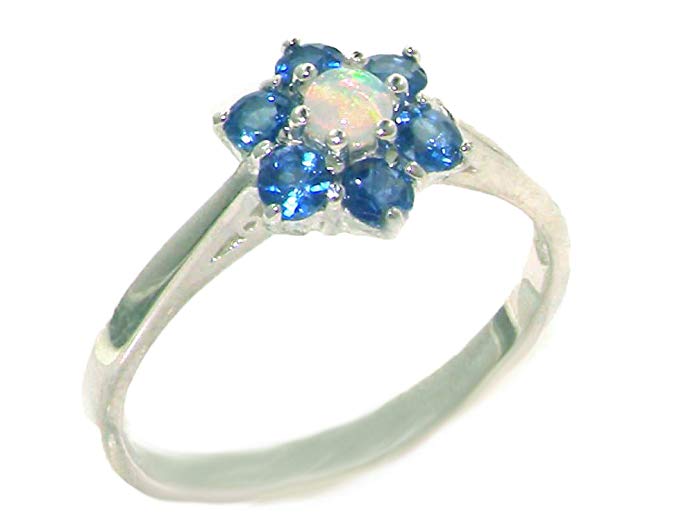 925 Sterling Silver Real Genuine Opal and Sapphire Womens Cluster Anniversary Ring