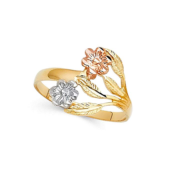 14k Yellow White Rose Gold Two Flowers Ring Fancy Floral Band Diamond Cut Solid Tri Color 15MM