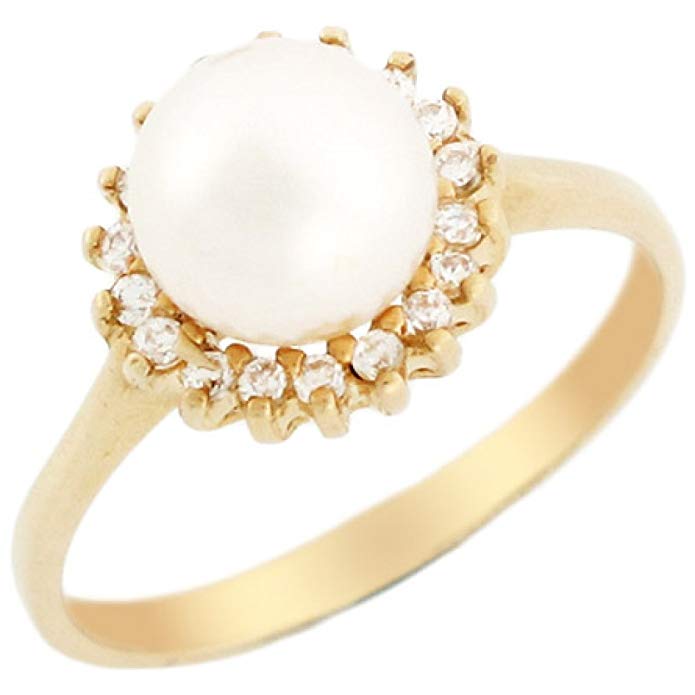 10k Solid Yellow Gold Freshwater Cultured Pearl & CZ Elegant Ring Jewelry