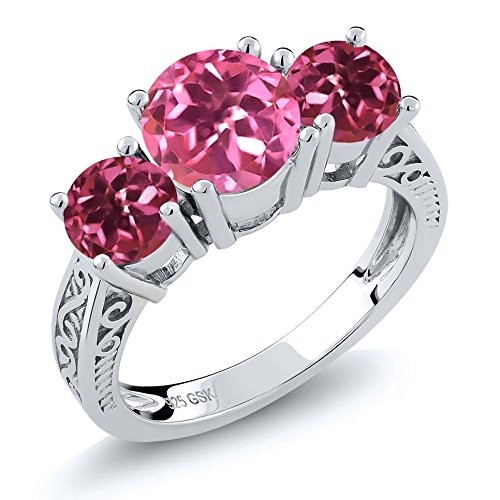 2.30 Ct Round Pink Mystic Topaz Tourmaline 925 Sterling Silver 3-Stone Ring