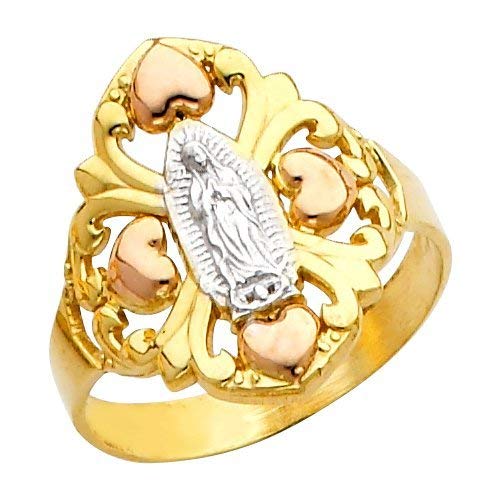 Filigree-Style 10k Tri-Color Gold Four Leaf Clover Hearts Our Lady of Guadalupe Ring