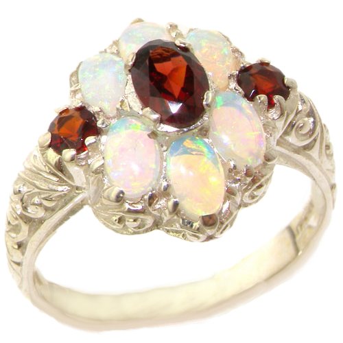 925 Sterling Silver Real Genuine Garnet and Opal Womens Band Ring