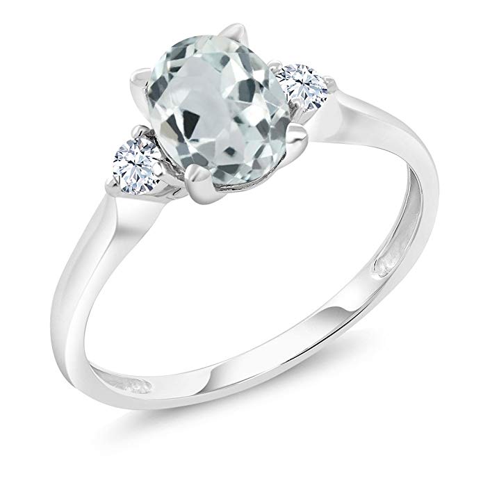 10K White Gold 1.20 Ct Sky Blue Aquamarine White Created Sapphire 3-Stone Ring
