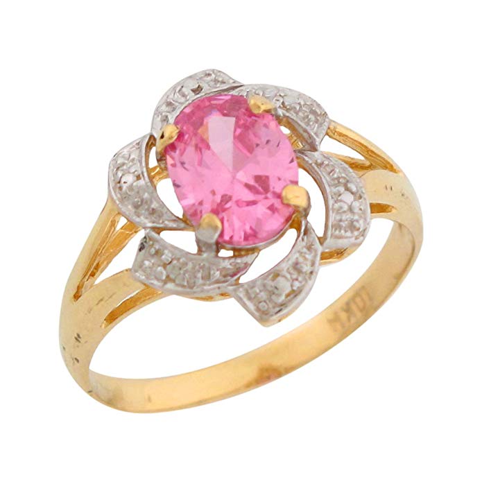 10k Two-Tone Gold Simulated Pink Tourmaline October Birthstone Ring