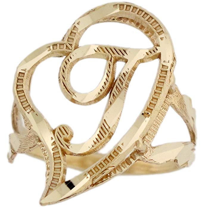 10k Real Gold Cursive Letter T Diamond Cut 2.3cm Unique Heart Initial Ring