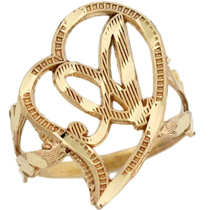 10k Real Gold Cursive Letter A Diamond Cut 2.3cm Unique Heart Initial Ring