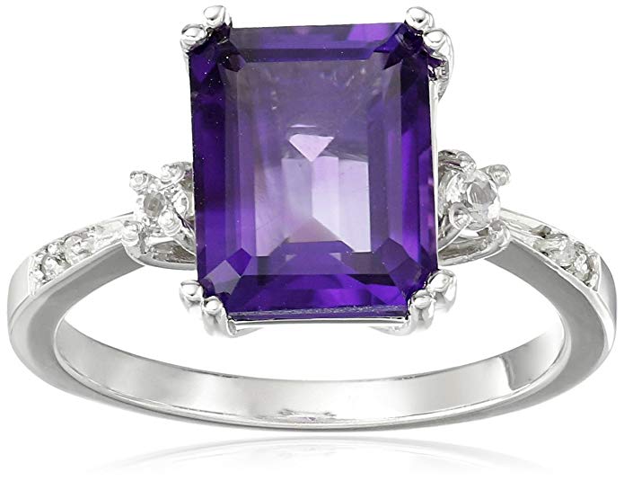 10k White Gold, Emerald-Cut Gemstone, and Diamond Accent Ring, Size 7