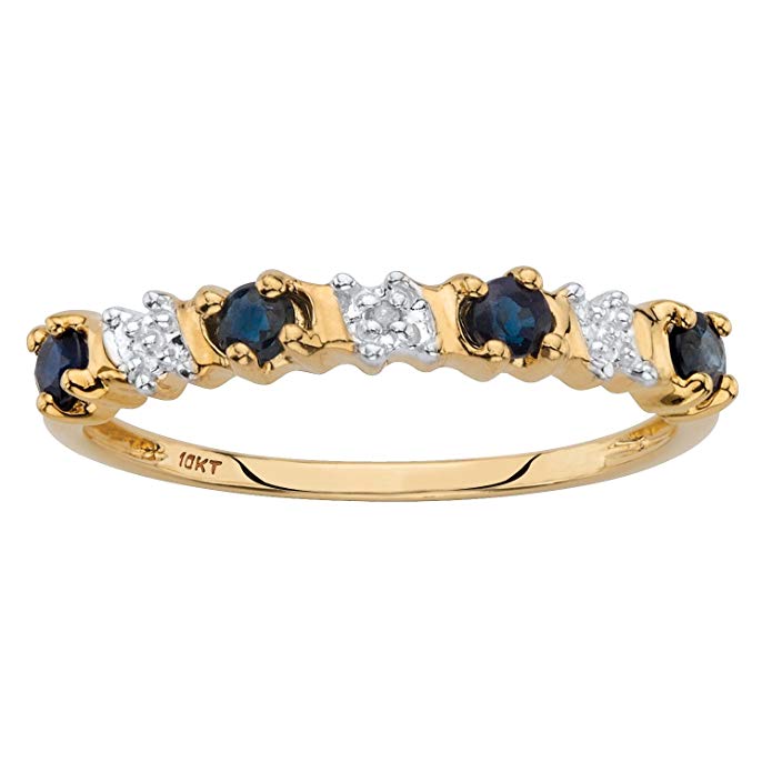 Solid 10k Yellow Gold Round Genuine Blue Sapphire and Diamond Accent Ring