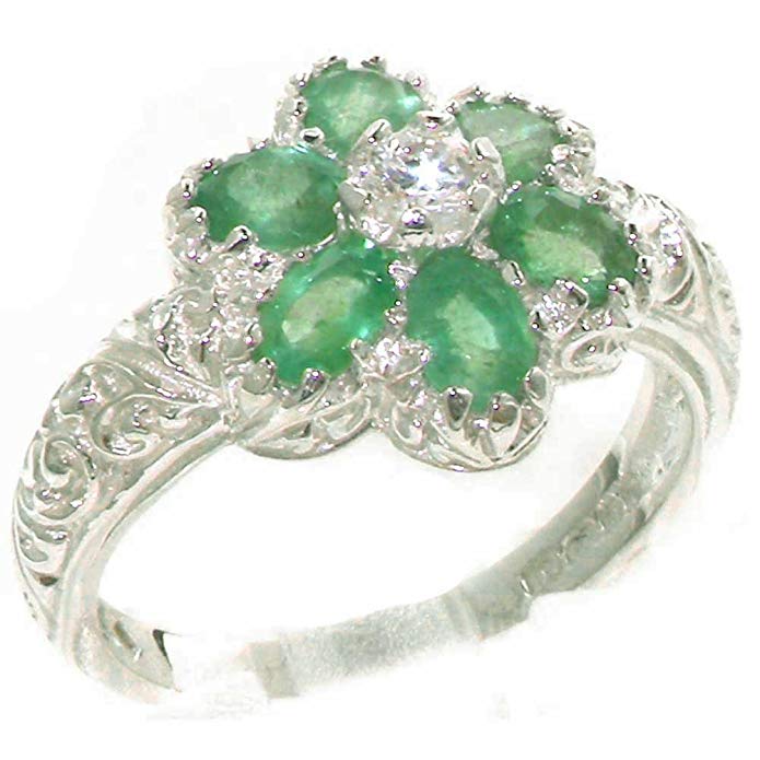 925 Sterling Silver Cubic Zirconia and Real Genuine Emerald Womens Band Ring