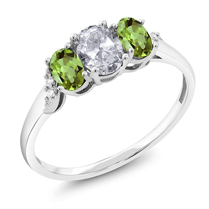 10K White Gold 1.05 Ct White Topaz Green Peridot 3-Stone Ring With Accent Diamond (Available 5,6,7,8,9)