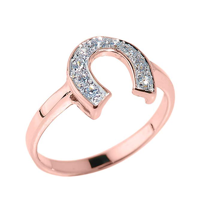 Dainty 10k Rose Gold CZ-Studded Ladies Horseshoe Ring