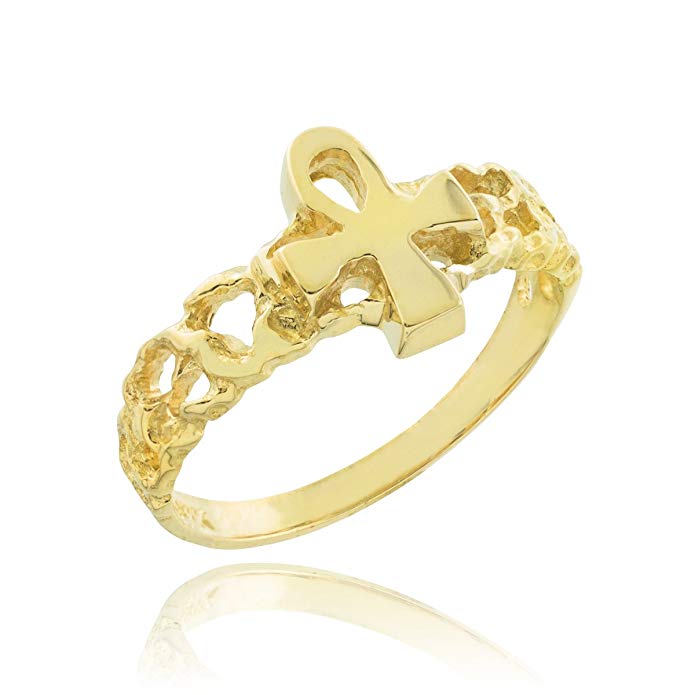 Dainty 14k Yellow Gold Nugget Band Egyptian Ankh Cross Knuckle Ring